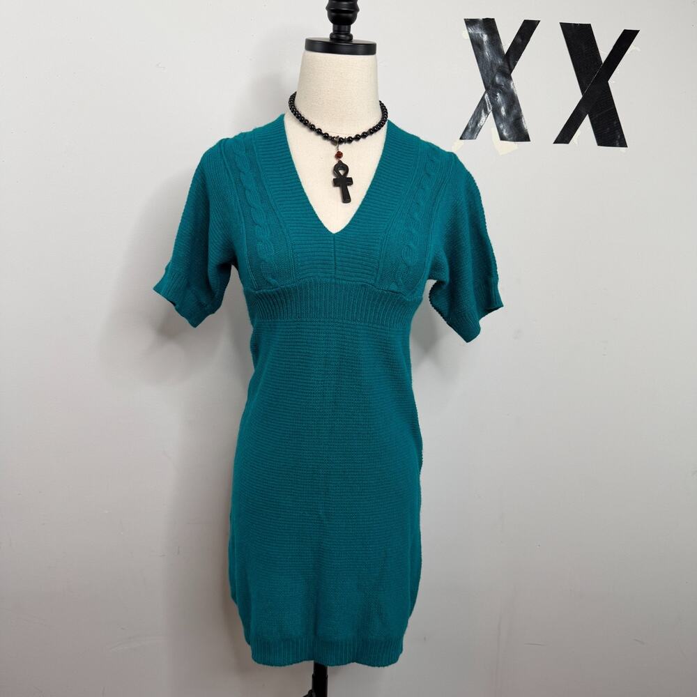 Vintage Y2K Teal Cable Knit Empire Waist Short Sleeve V Neck Sweater Dress S